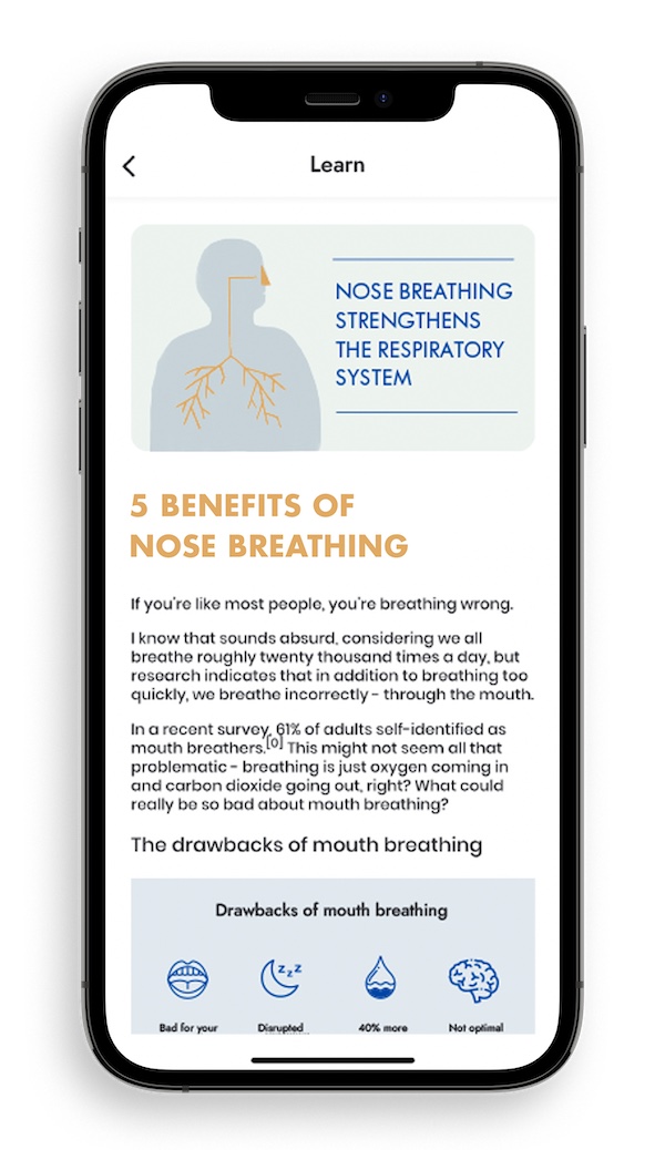 A screenshot of the app containing an educational article on the benefits of nose breathing